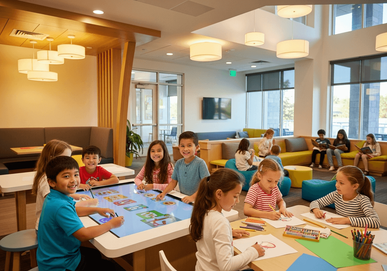 Young people learning and connecting in a bright community space.